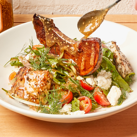 Roasted Pumpkin, Herb-Crusted Haloumi & Feta Salad